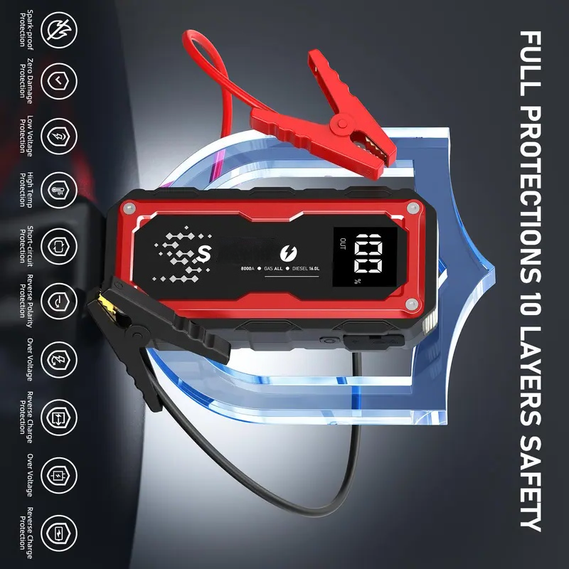 8000A Peak Portable Car Jump Starter with LED Light – Emergency Booster Battery Pack, Power Bank, Wireless Charging, Car Battery Jump Starter Tool