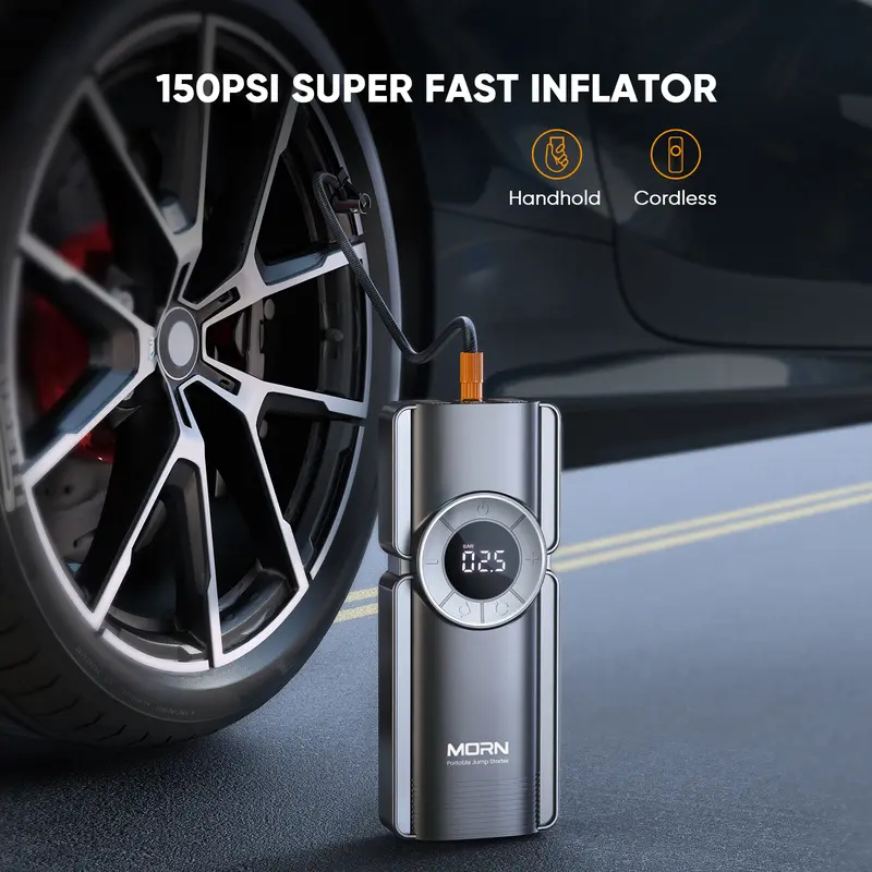 【5-in-1】 Portable Car Starter and Air Compressor 4000A Maximum Power (8.5 liters of gasoline, 8 liters of diesel) Equipped with 150-pound tire inflator