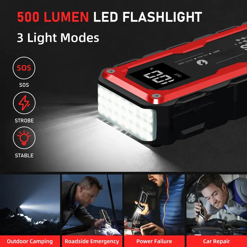 8000A Peak Portable Car Jump Starter with LED Light – Emergency Booster Battery Pack, Power Bank, Wireless Charging, Car Battery Jump Starter Tool